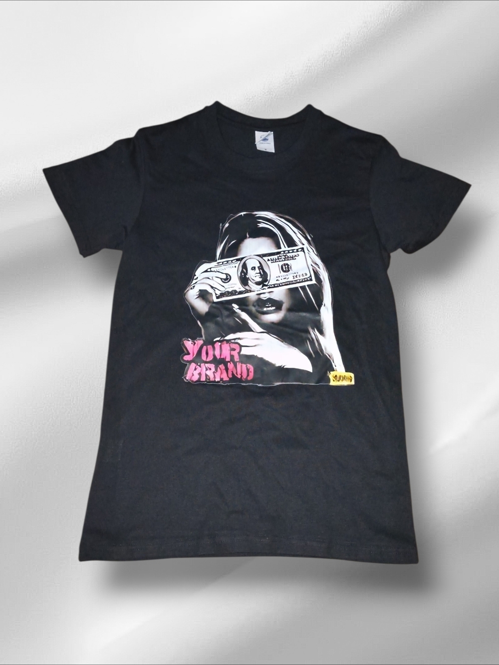 Black Graphic Tee with Pink "Your Brand" Print
